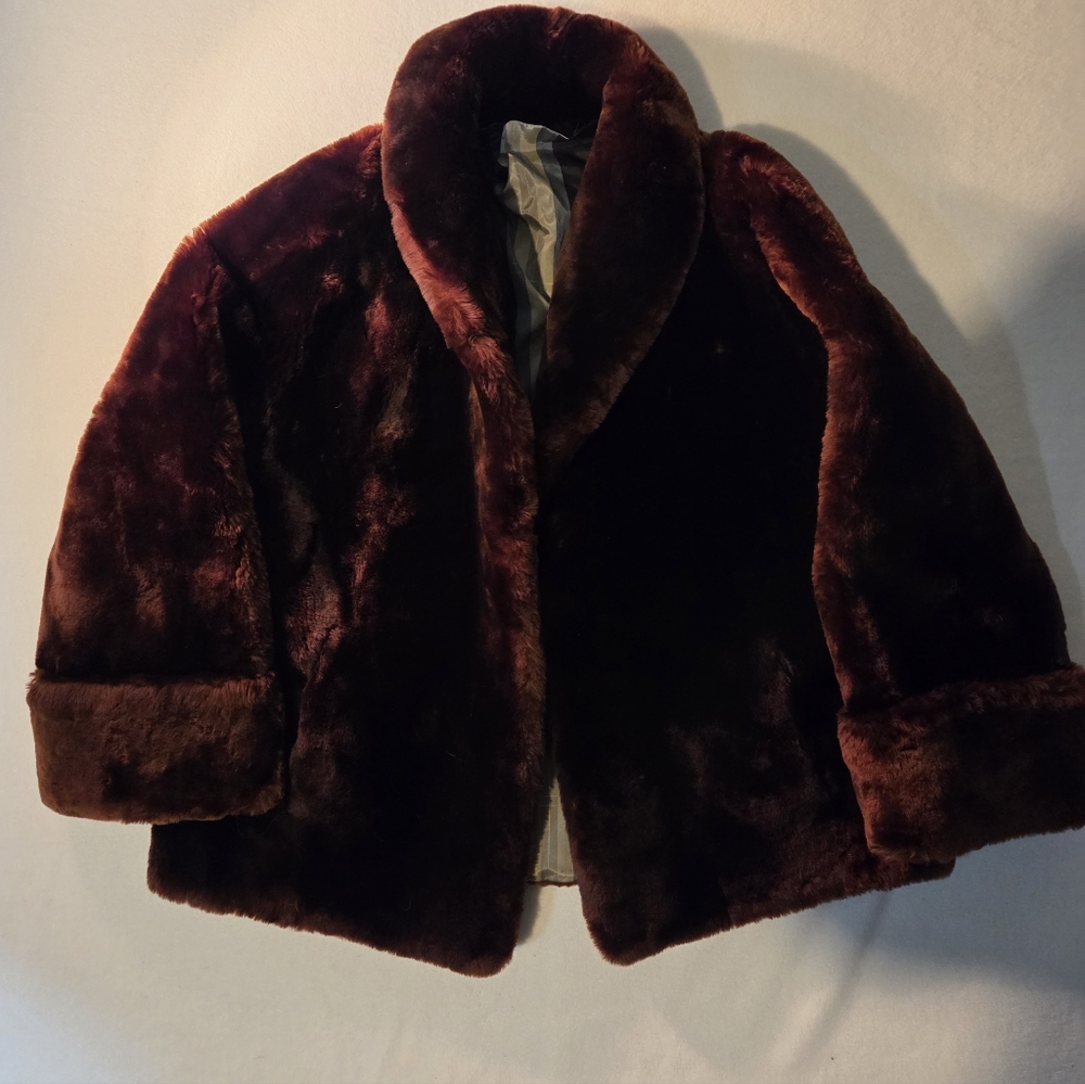 40s Mouton Shearling Fur Coat Hip Length Rusty Brown VTG